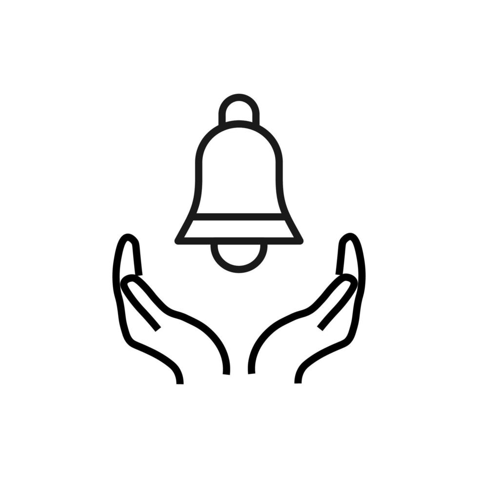 Support, present and charity concept. Modern vector sign drawn with black thin line. Editable stroke. Vector line icon of bell over outstretched hands