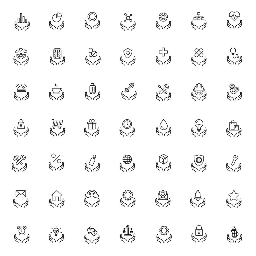 Support, present and charity concept. Modern vector signs drawn with black thin line. Editable stroke.  Line icon set with various items over outstretched hands