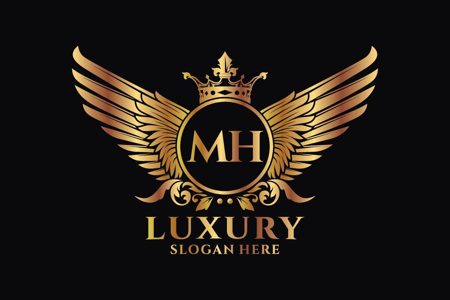 Luxury royal wing Letter MH crest Gold color Logo vector, Victory logo, crest logo, wing logo, vector logo template.