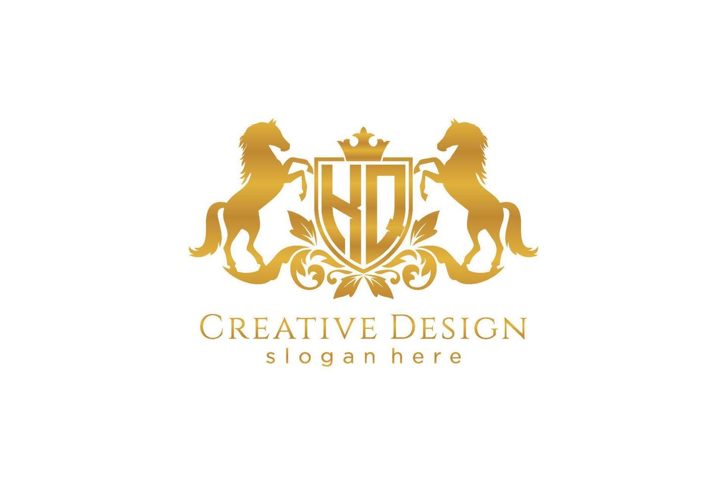 initial KQ Retro golden crest with shield and two horses, badge template with scrolls and royal crown - perfect for luxurious branding projects vector