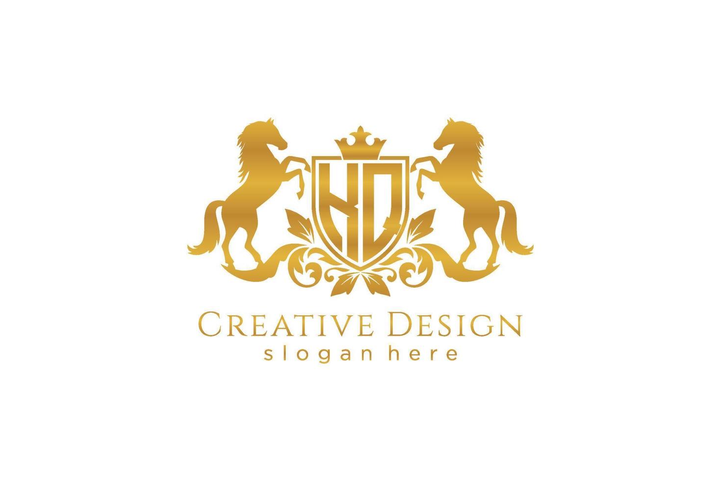 initial KQ Retro golden crest with shield and two horses, badge template with scrolls and royal crown - perfect for luxurious branding projects vector