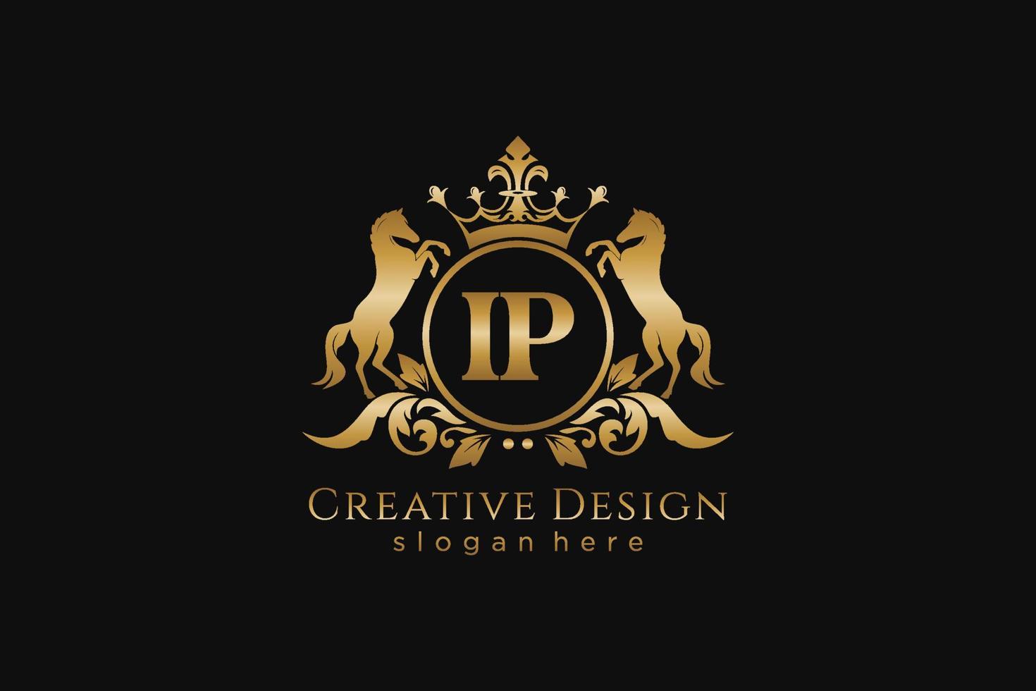 initial IP Retro golden crest with circle and two horses, badge template with scrolls and royal crown - perfect for luxurious branding projects vector