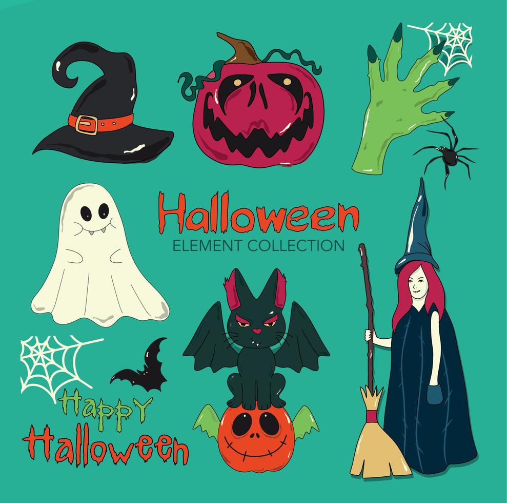 ilustración vectorial iconos elementos concepto vacaciones halloween conjunto de monstruos criaturas bruja fantasma gato calabaza telaraña mano vector