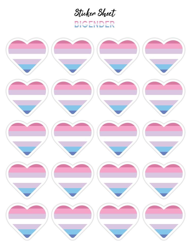 Pride flat design, Bigender flags in the shape of a hearts. Hearts shaped sticker icon sign and LEBT symbols. vector