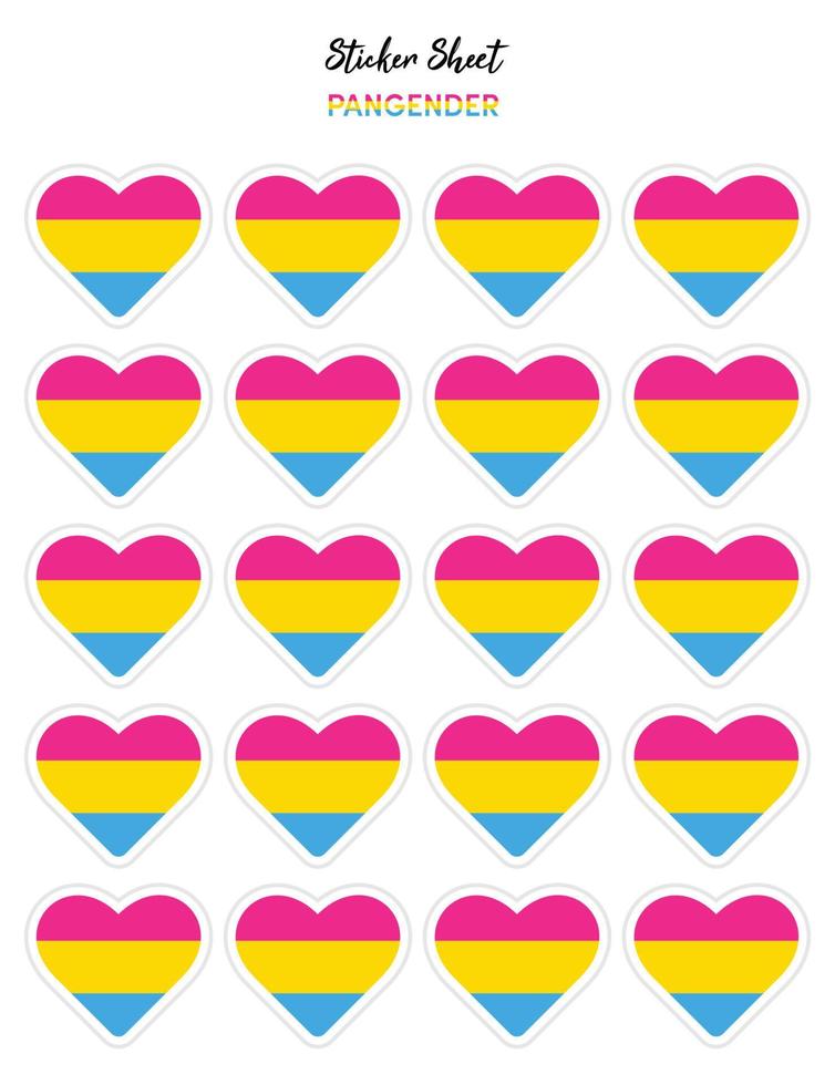 Pride flat design, Pangender flags in the shape of a hearts. Hearts shaped sticker icon sign and LEBT symbols. vector