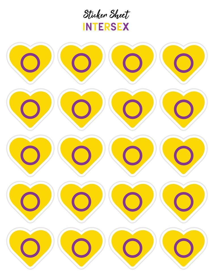 Pride flat design, Intersex flags in the shape of a hearts. Hearts shaped sticker icon sign and LEBT symbols. vector