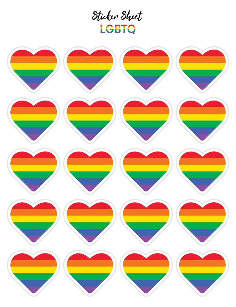 Pride flat design, LGBTQ flags in the shape of a hearts. Hearts shaped sticker icon sign and LEBT symbols. vector