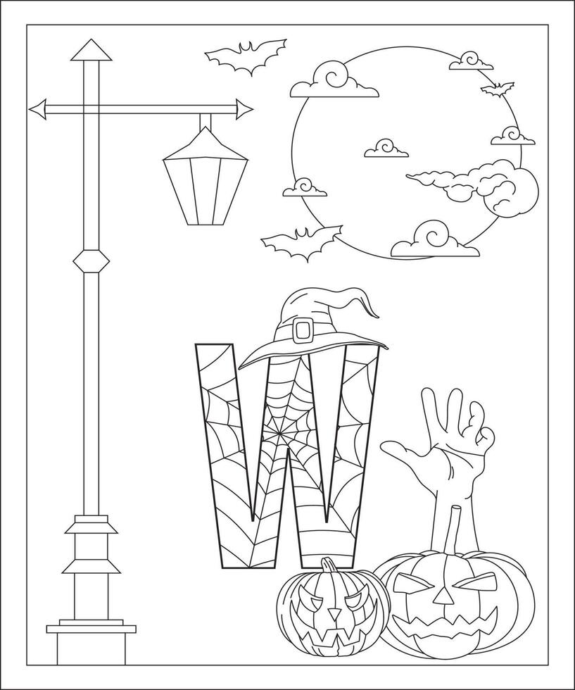 Alphabet coloring page with Halloween style. ABC coloring page - letter W Free Vector Free Vector