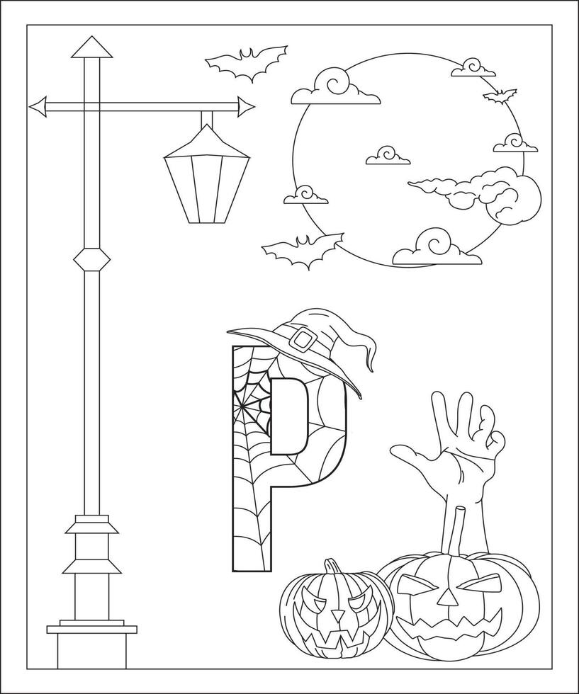 página de coloreado del alfabeto con estilo halloween. abc para colorear página - vector libre de letra p vector gratis