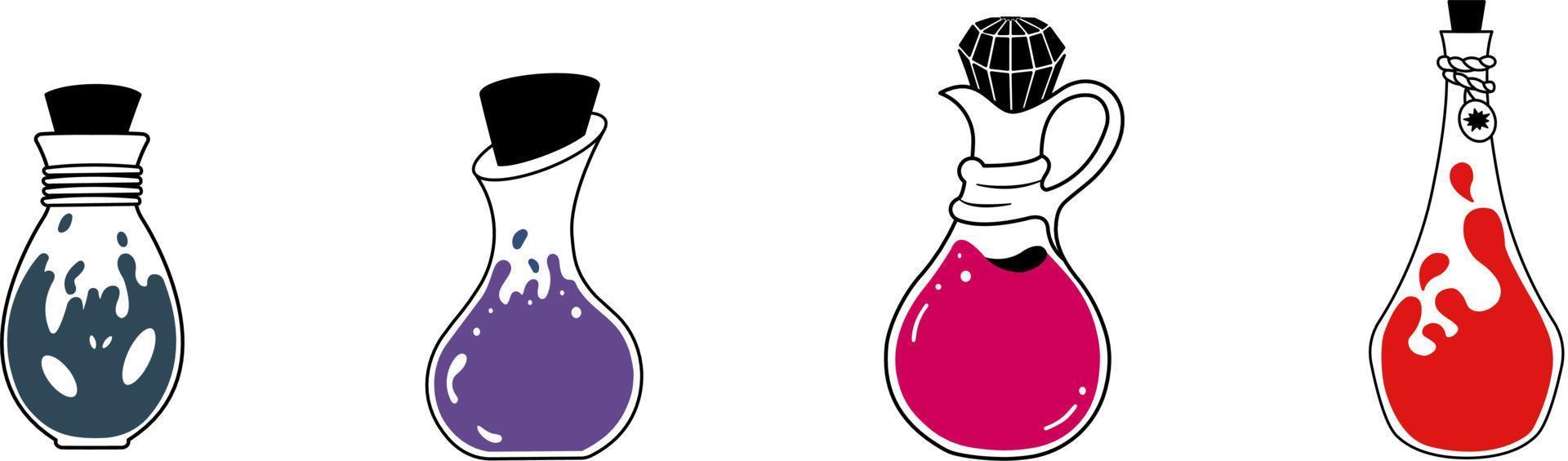 Alchemy vector illustration of a set of bottles with magic potions, a magic jar with crystal.