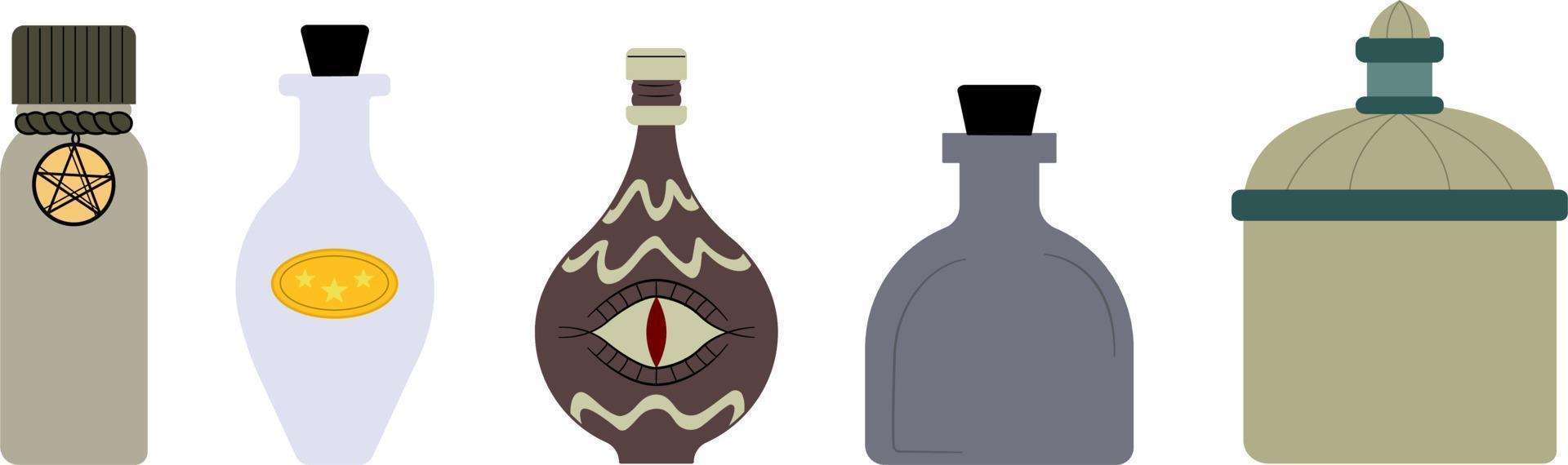 Alchemy vector illustration of a set of bottles with magic potions, a magic jar with crystal.