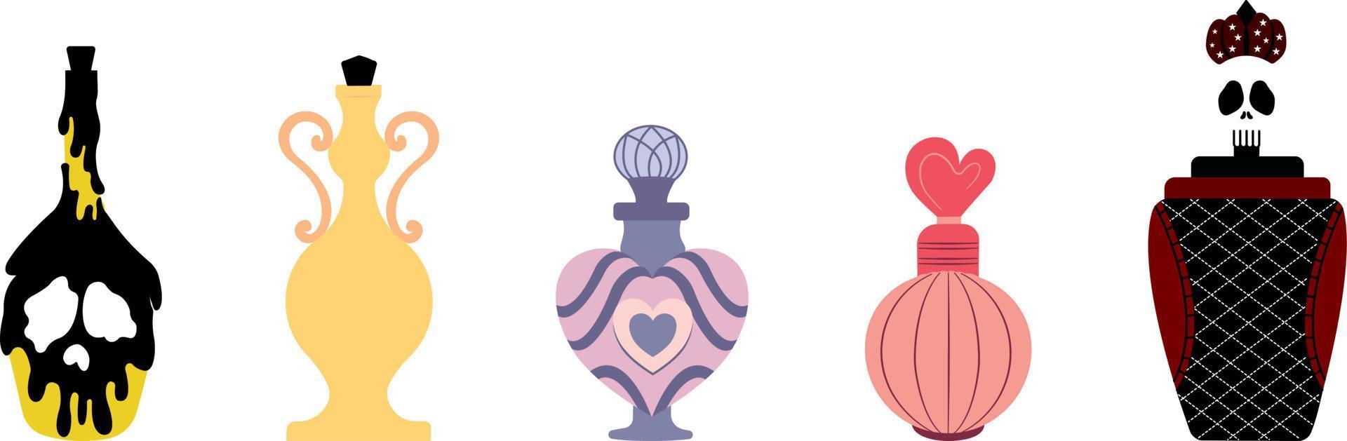 Alchemy vector illustration of a set of bottles with magic potions, a magic jar with crystal.