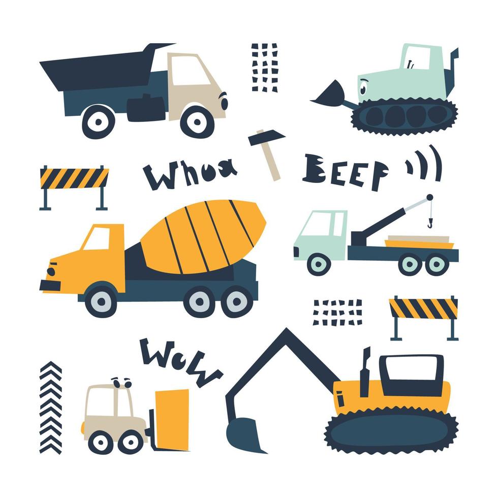 Children's cartoon cars and tractors set of elements vector