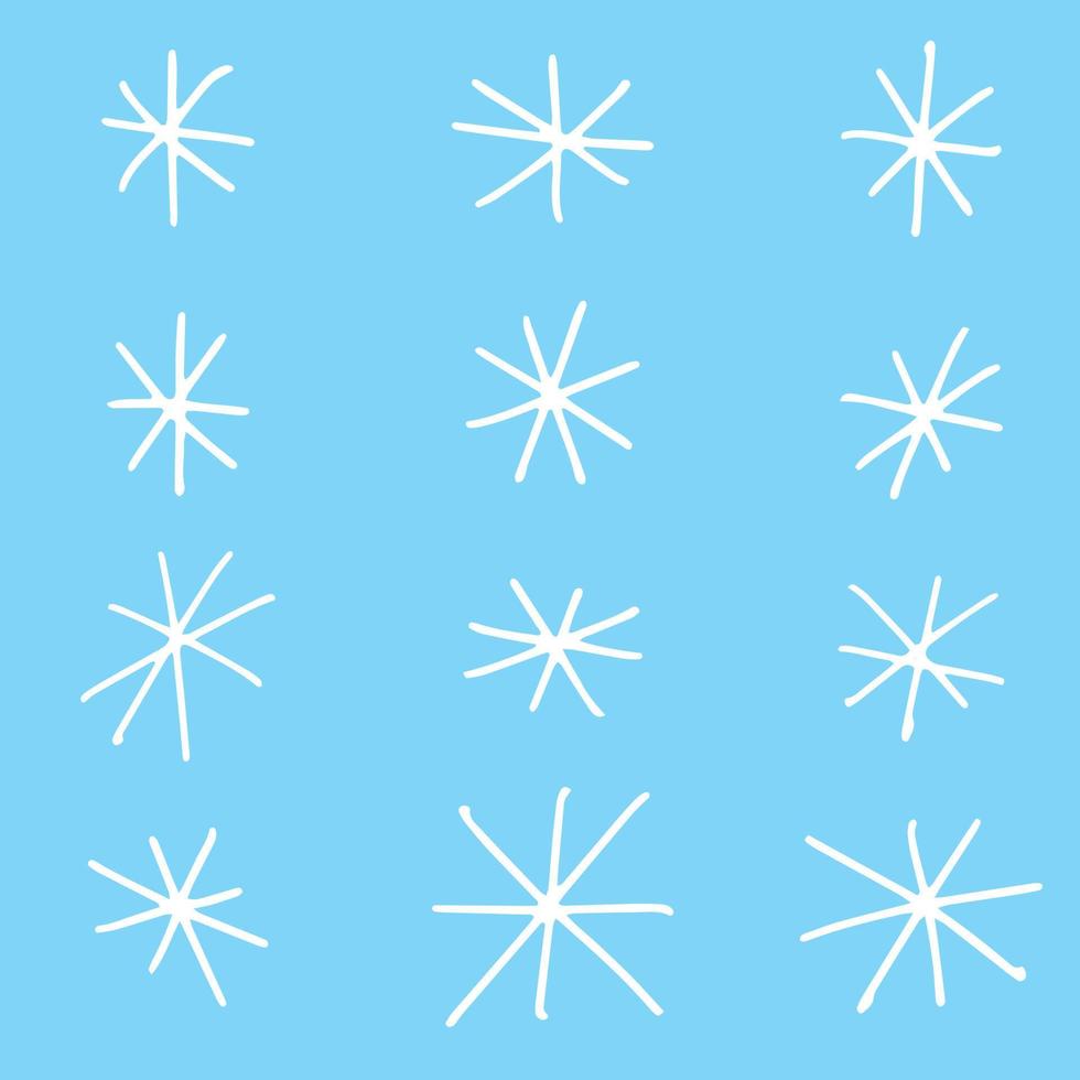 Set of simple snowflakes. Hand draw snowflake isolated on blue background. Christmas and winter elements, vector illustration