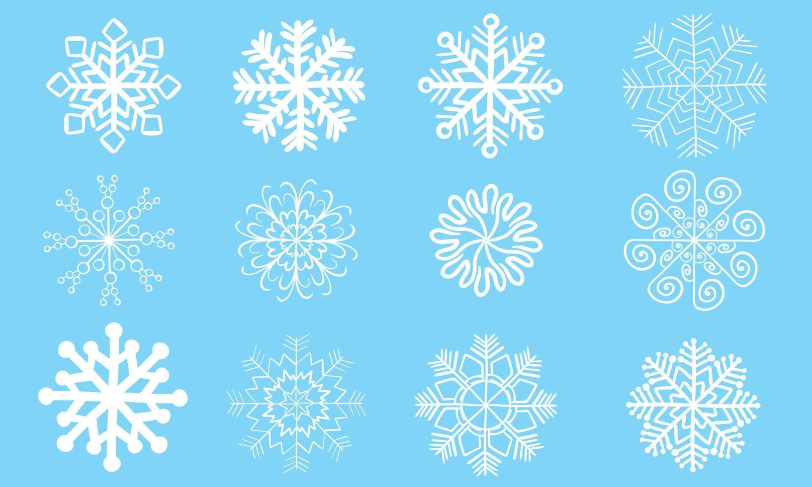 conjunto de copos de nieve blancos aislados sobre fondo azul. dibujar a mano ilustración vectorial. elementos de invierno de navidad vector