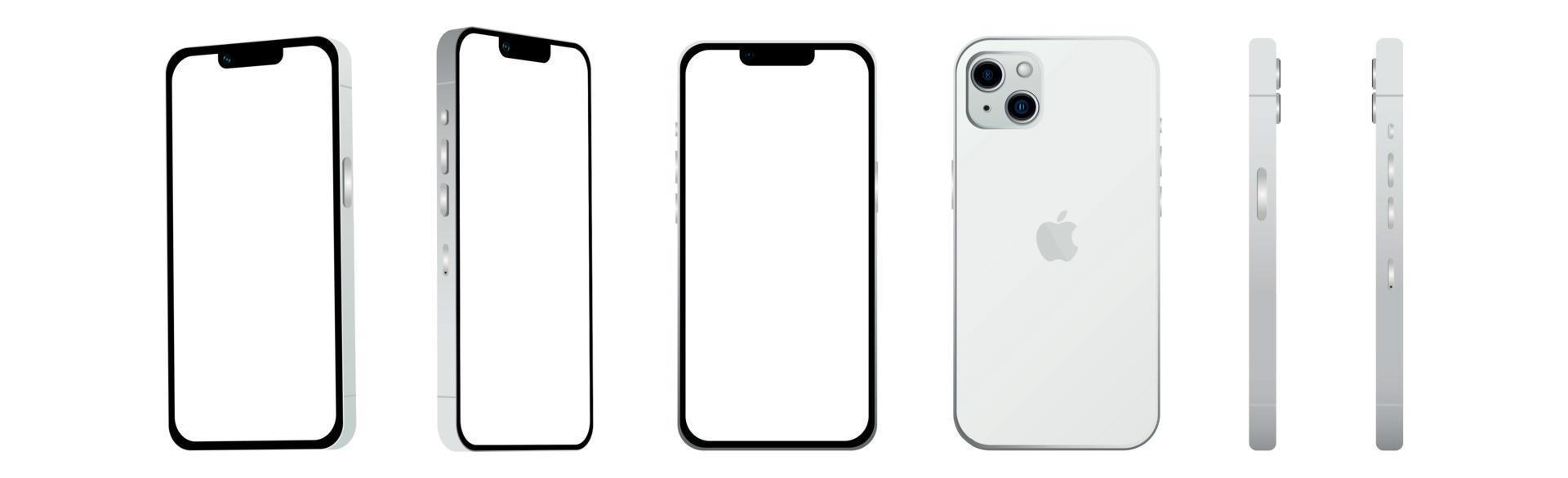 conjunto de 6 piezas desde diferentes ángulos, smartphone blanco modelo  apple iphone 14, nueva industria de ti, maqueta para diseño web sobre un fondo  blanco - vector 11641952 Vector en Vecteezy