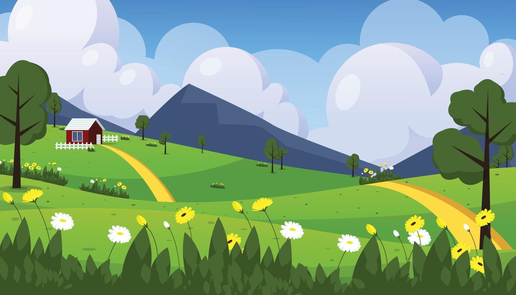 ilustración de vector de paisaje día soleado con vista a la montaña y árboles y hogar y prado y flor
