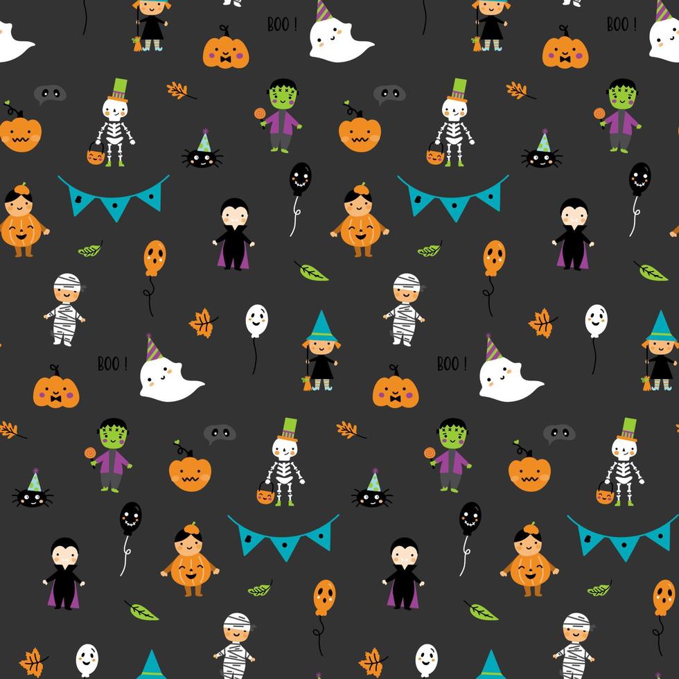 Halloween pattern with kids in costumes vector