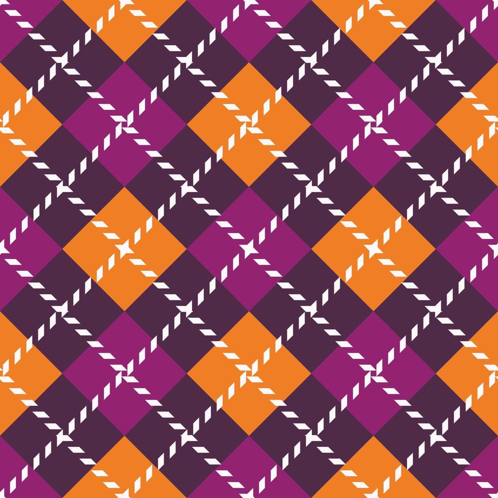 Argyle purple and orange seamless pattern. Purple autumn checkered ornament. Fall plaid vector illustration.