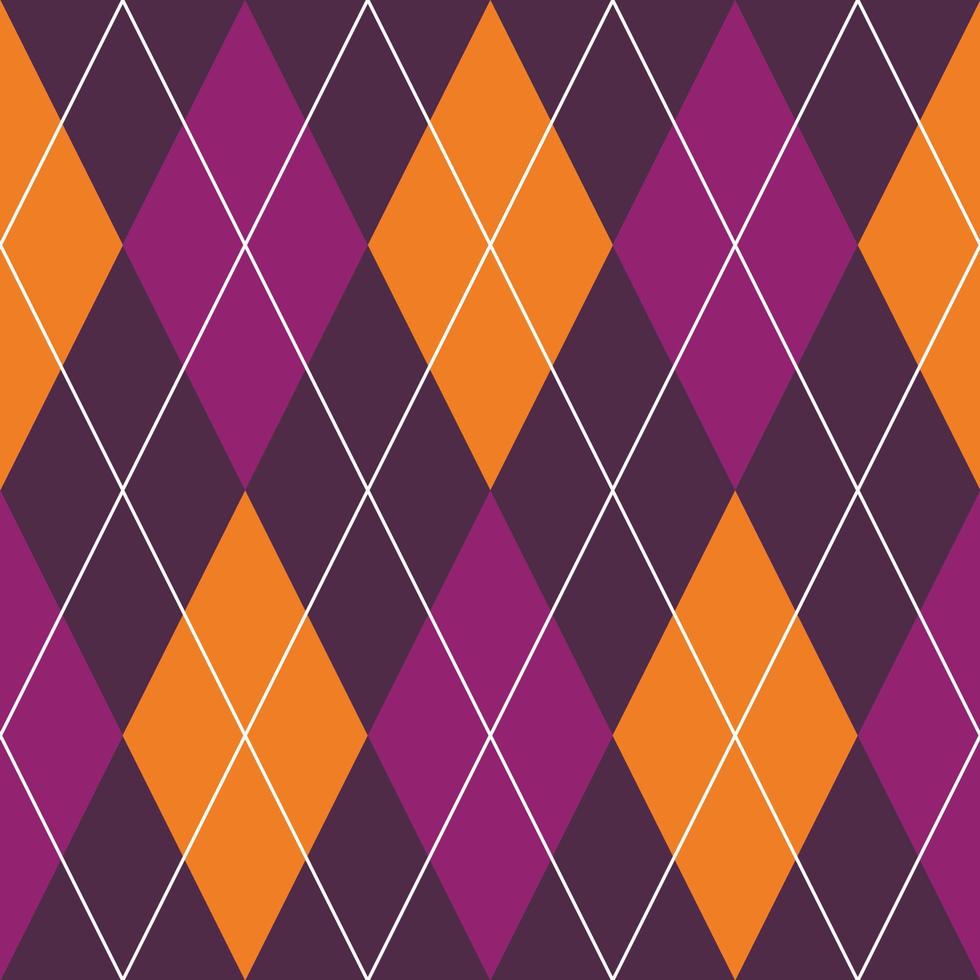 Halloween Argyle Plaid seamless pattern in orange and violet rhombuses. Traditional Scottish background of diamonds. Vector illustration