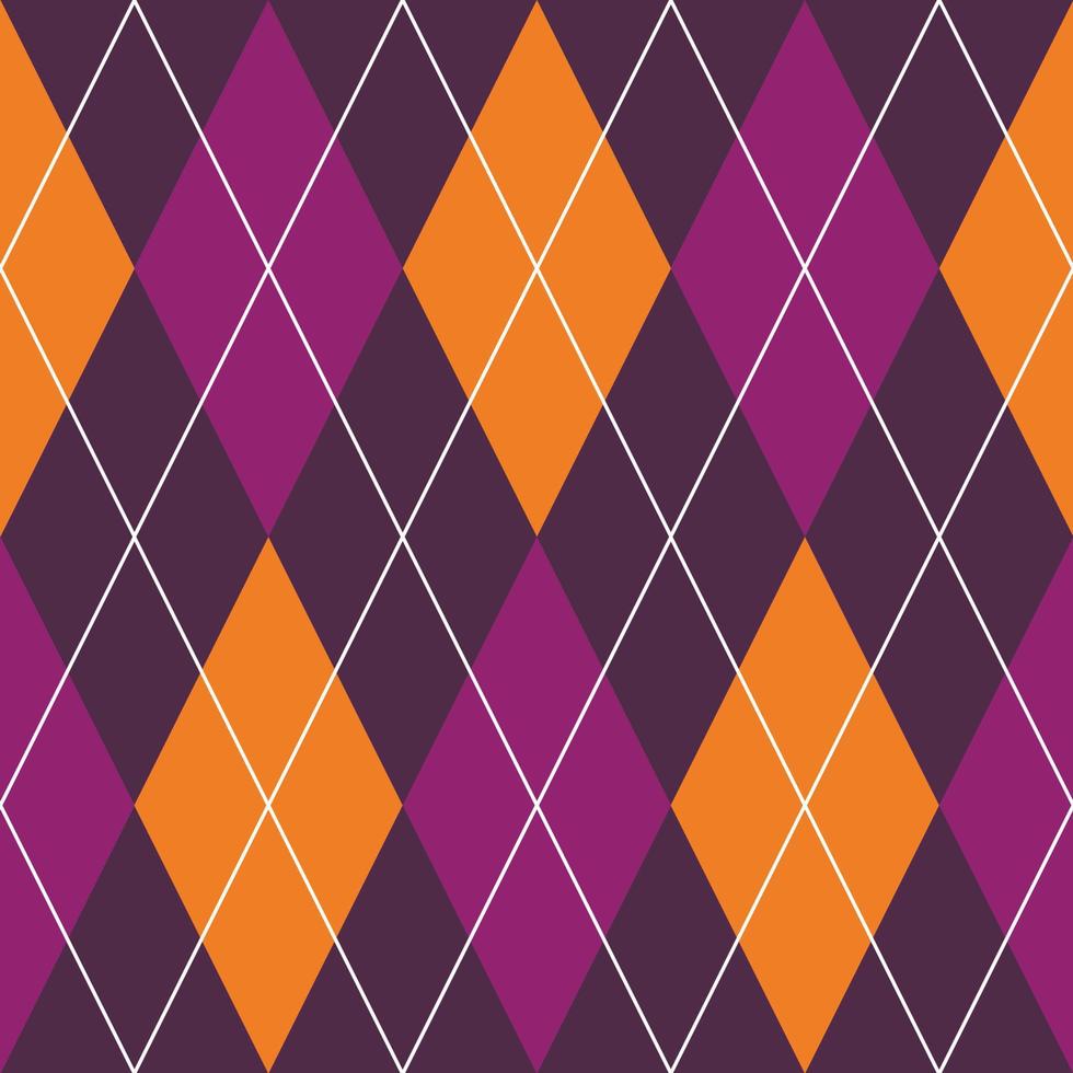 Halloween Argyle Plaid seamless pattern in orange and violet rhombuses. Traditional Scottish background of diamonds. Vector illustration