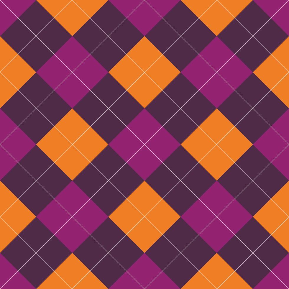 Halloween Argyle Plaid. Scottish seamless pattern in orange and purple rhombuses. Scottish cage vector illustration.