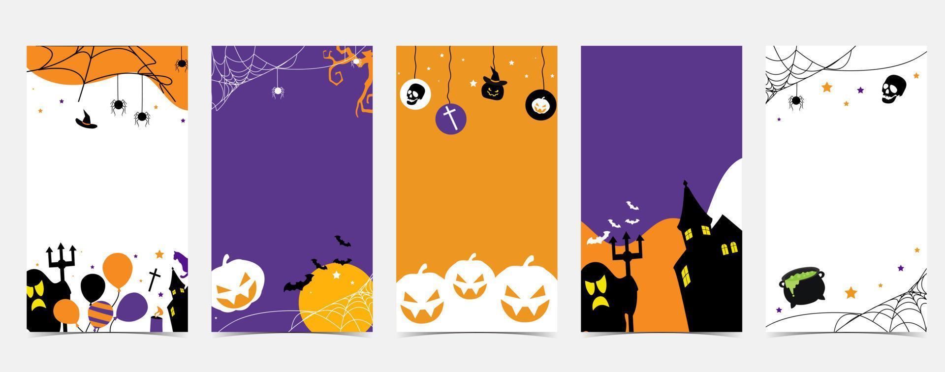 fondo de fiesta de halloween con web, araña, murciélago, calabaza, casa, esqueleto vector