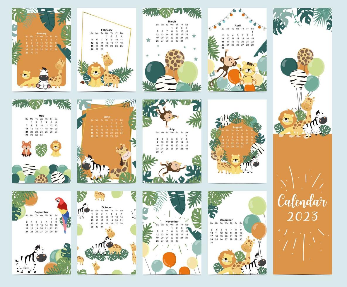 doodle safari animal calendar set 2020 con jirafa, zorro, león, mono para niños vector