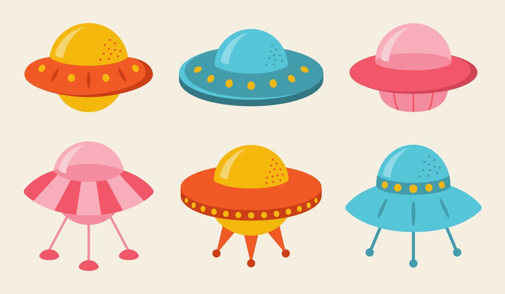 Collection of flat cute flying saucers for kids. Childish spaceships in cartoon style. vector