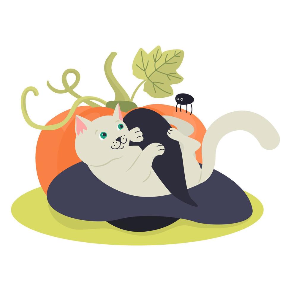 lindo gato con sombrero de bruja. ilustración vectorial de mano. ideal para crear carteles de Halloween, tarjetas de felicitación vector