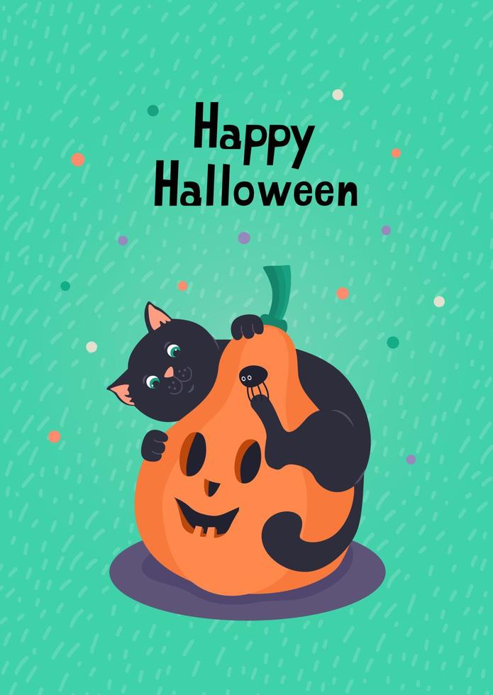 Happy Halloween greeting card with cute black kitten and jack-o-lantern pumpkin. Hand drawn lettering and vector illustration