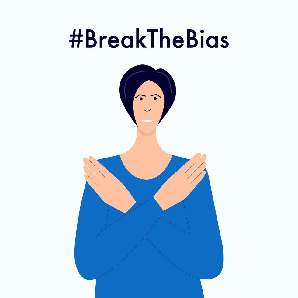 Woman cross arms break the bias concept. Vector flat illustration woman making stop gesture.