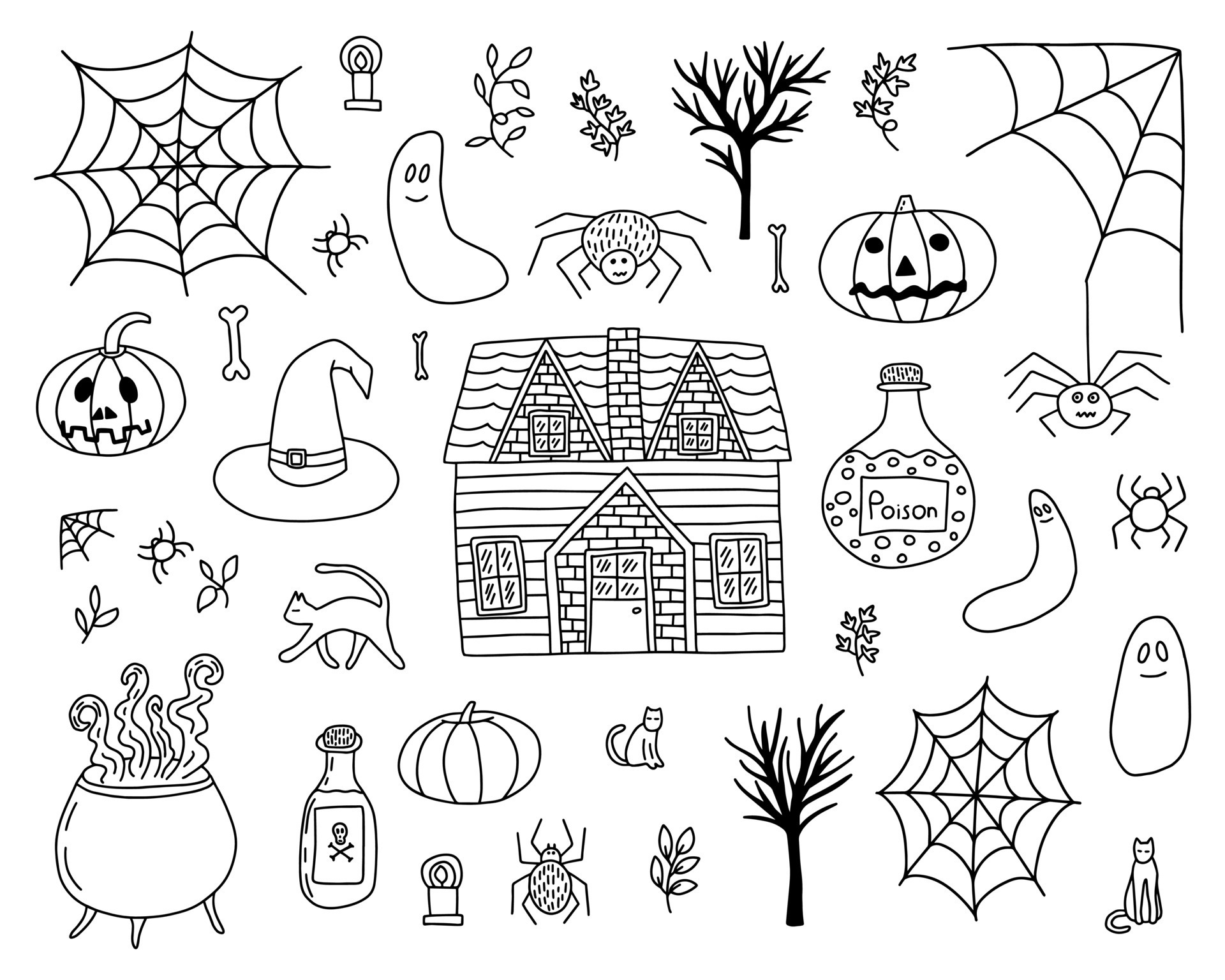 Hand drawn Halloween doodle elements set. Pumpkin, spider, potion bottle, witch hat, broom and 