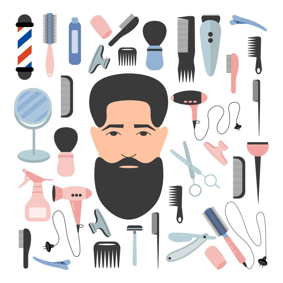 Barber shop hair salon tools big vector set. Flat style sticker barbershop equipment for men.