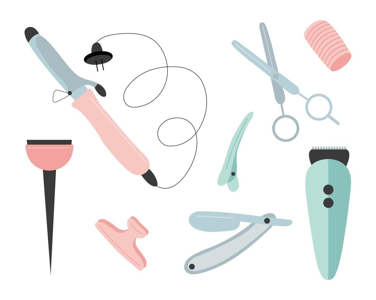 conjunto de estilo plano de diferentes artículos de peluquería. tipos de equipos vectoriales para salón de belleza. equipos y accesorios de peluqueria. vector