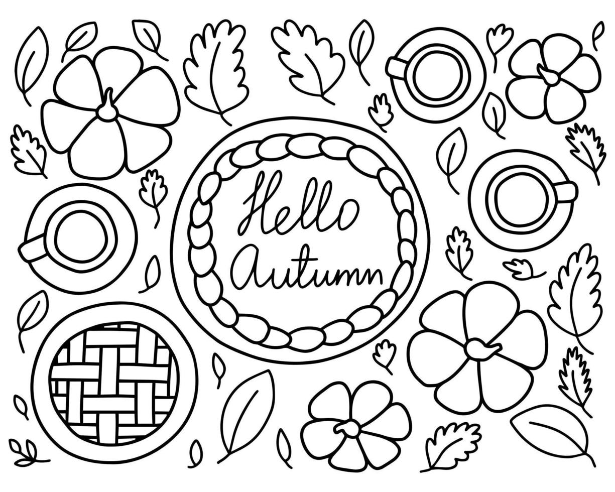 Hello autumn harvest dinner table top view coloring page. Pumpkins and pumpkin pie on table with dishes vector illustration.