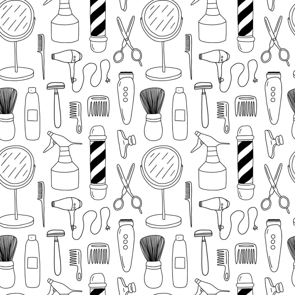 Doodle hair salon seamless pattern isolated on white background. Hand drawn vector barbershop elements seamless pattern