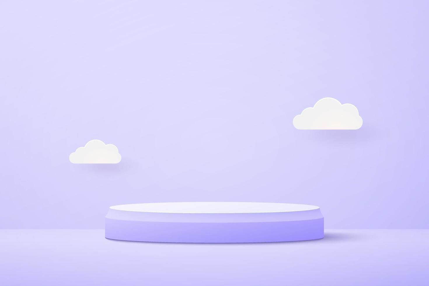 Pastel purple 3d podium on light purple background and paper cut clouds. Vector illustration