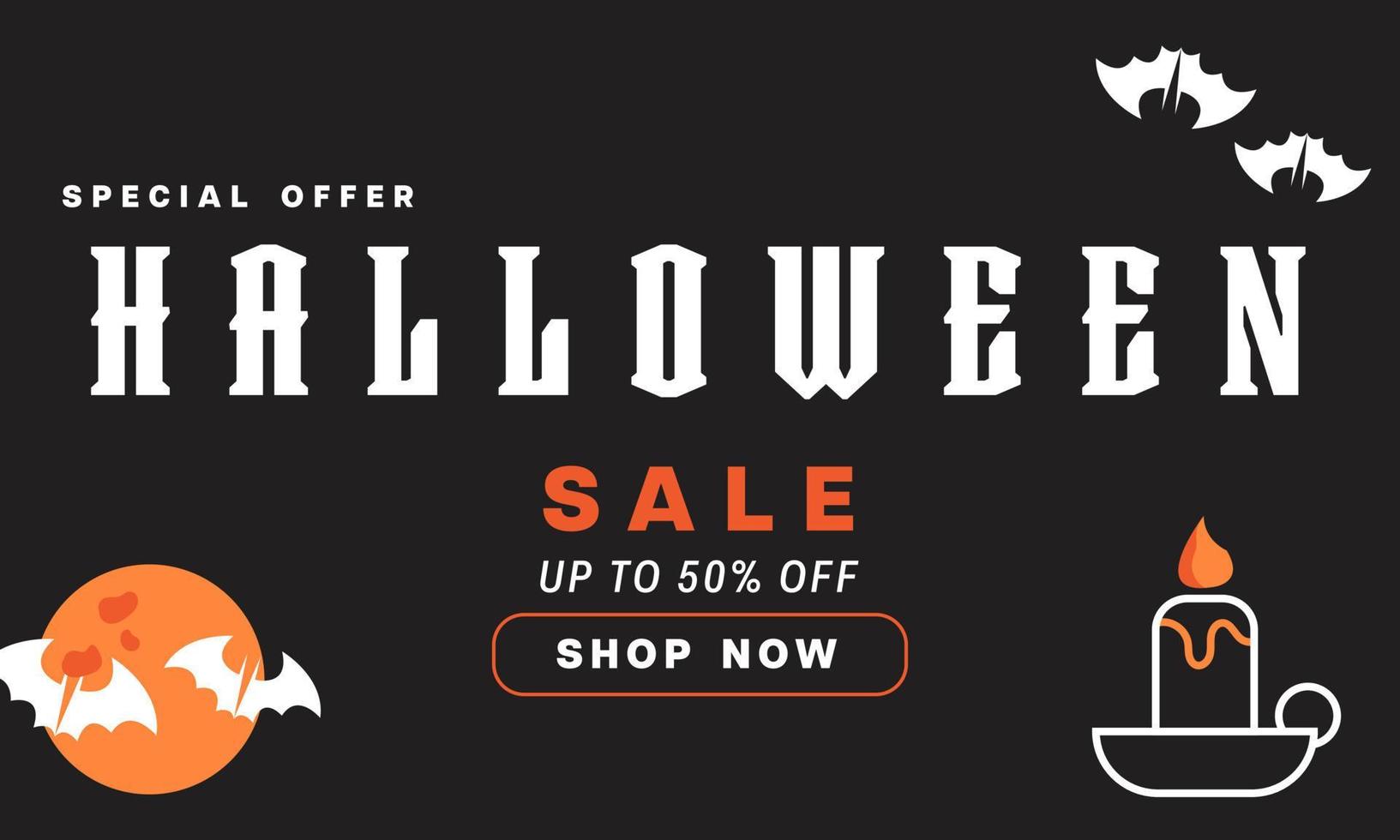 Halloween Horizontal Sale, Discount Banner. Email marketing web banner. Black background banner with Spider, spider web, Halloween typography and calligraphy. Dark black banner illustration. vector