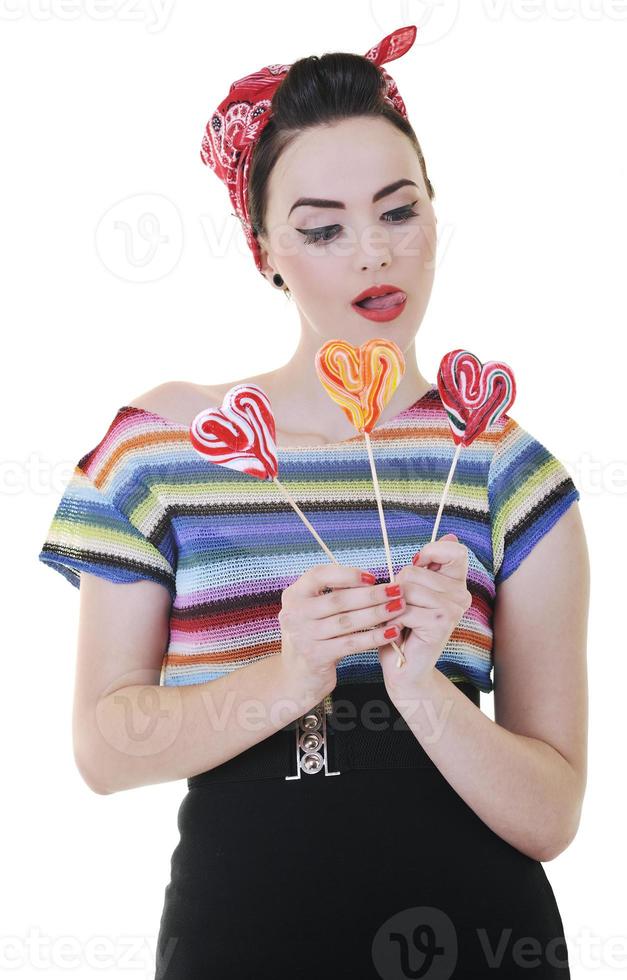 happy woman with lollipop isolated on white photo