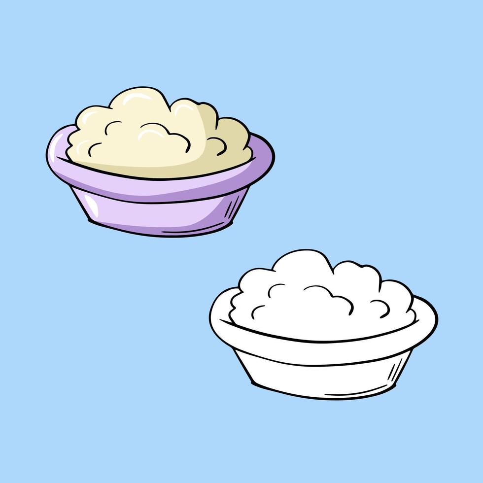 A set of images, a light purple ceramic plate with cottage cheese, a vector illustration in cartoon style on a colored background