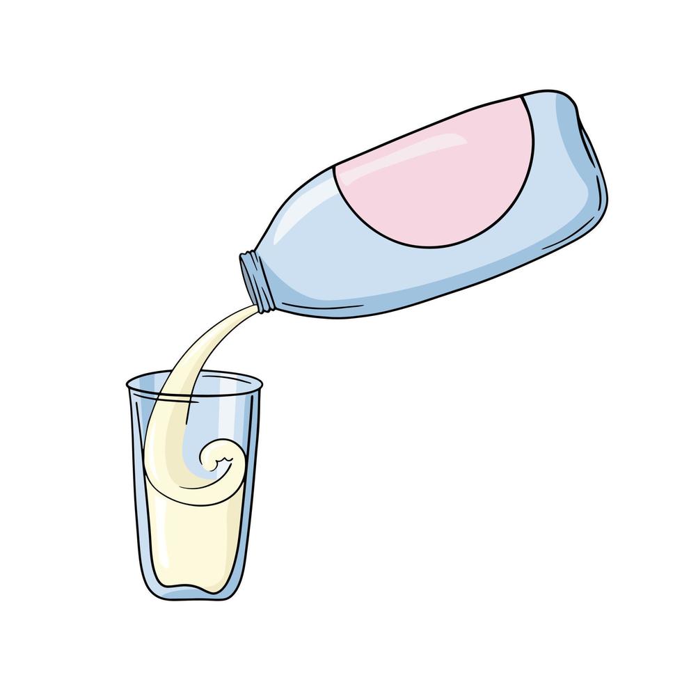 Blue plastic bottle with a drink, pour milk into a glass vessel, copy space, vector illustration in cartoon style on a white background