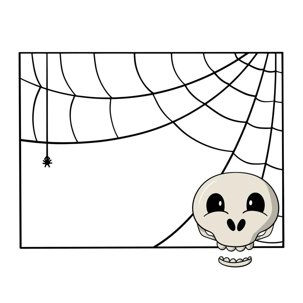 Square decorative frame with spider web, laughing skull, copy space, vector illustration in cartoon style