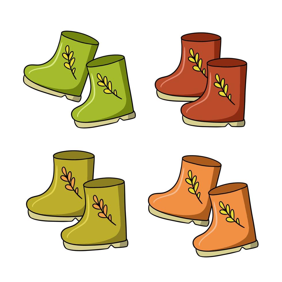 A set of autumn icons. Bright colored autumn rubber boots, vector illustration in cartoon style on a white background