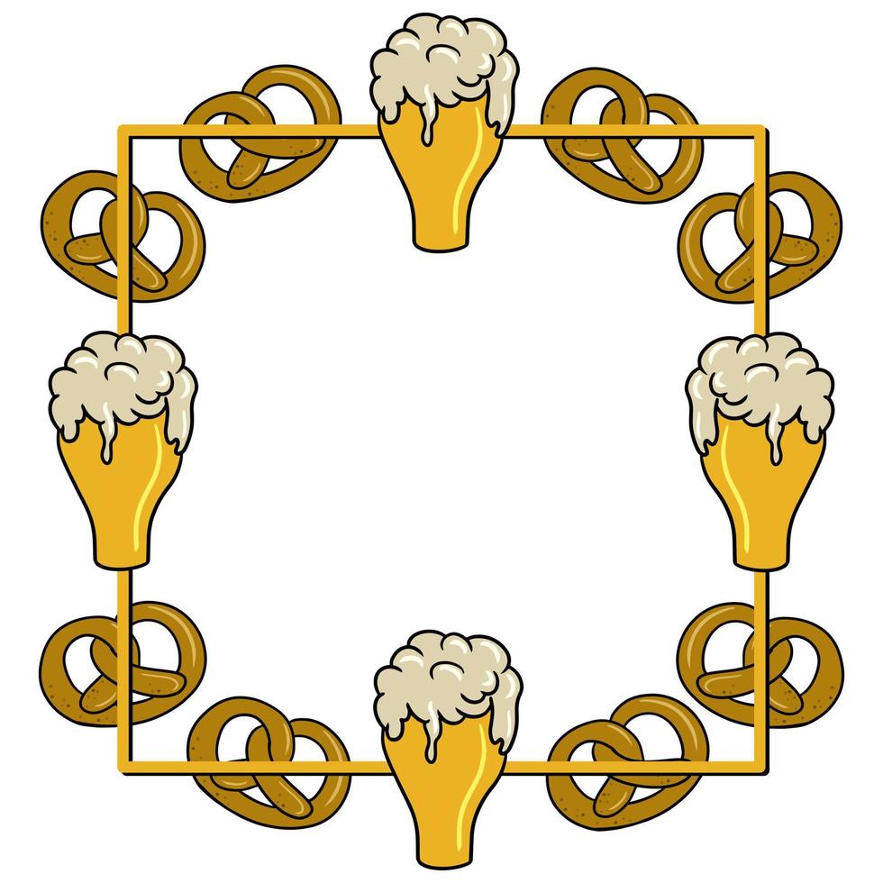 Square yellow frame, copy space, glass mug with beer, foam drink, salty crackers, vector illustration in cartoon style
