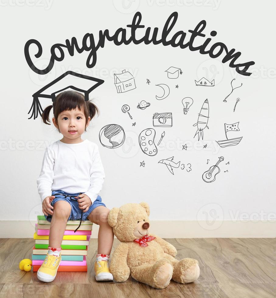 Newborn or Little asian girl and blackboard with congratulation, Education concept photo