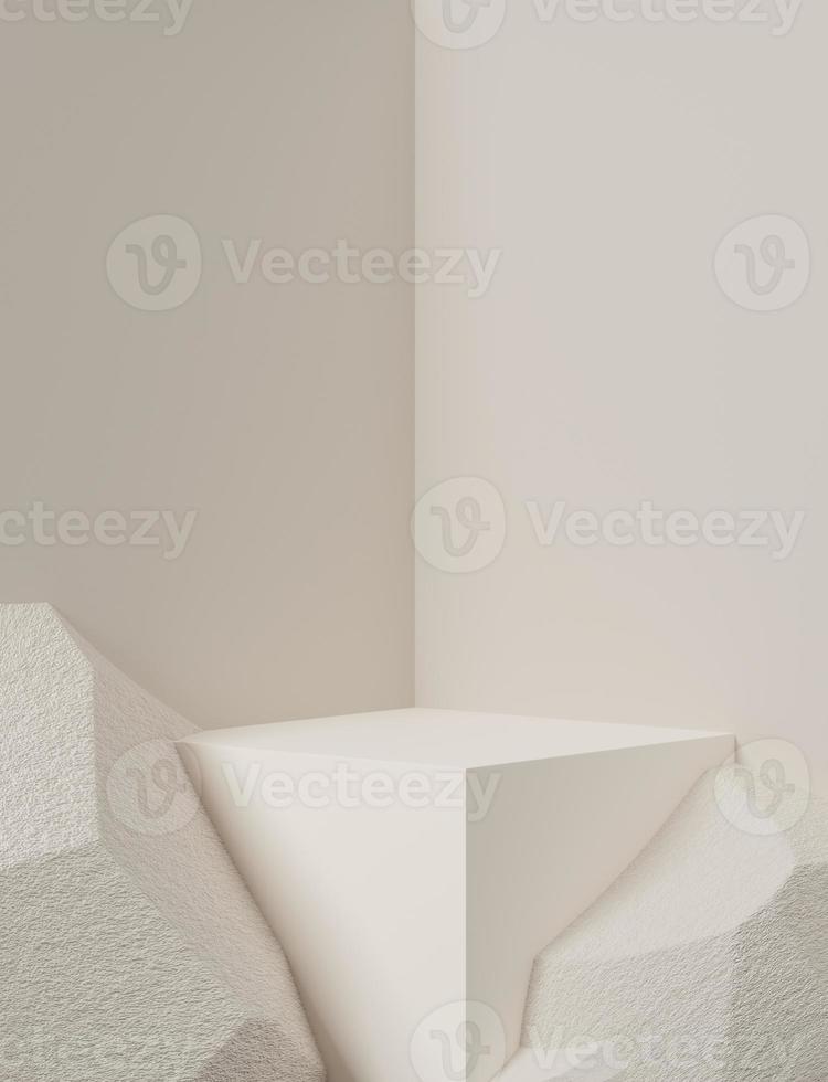 Abstract white square pedestal podium with stone, Product display podium in room, 3d rendering studio with geometric shapes, Cosmetic product minimal scene with platform, Stand to show products photo