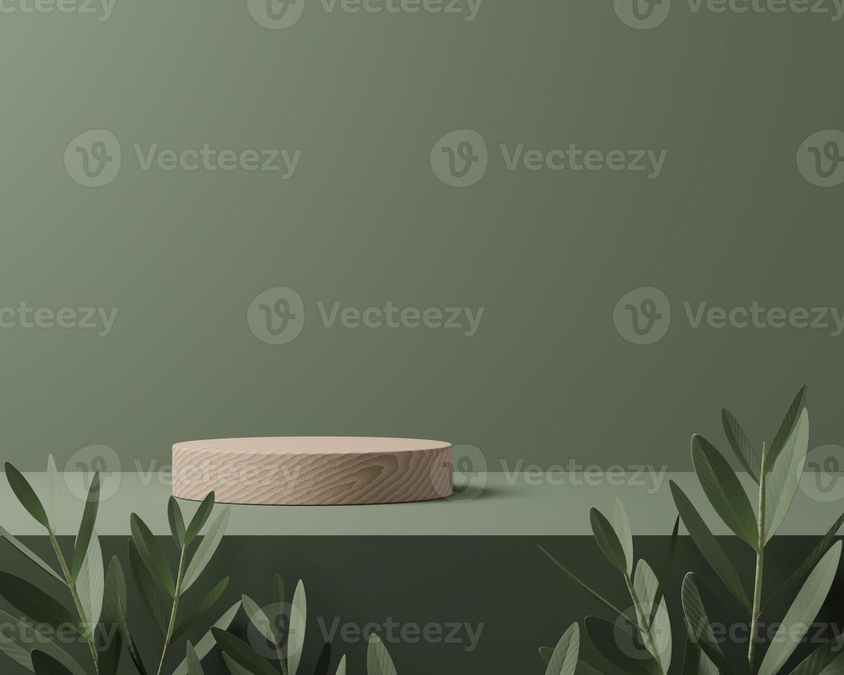 Wooden round corner pedestal podium with leafs, Product display podium in green background, 3d rendering studio with geometric shapes, Cosmetic product minimal scene with platform photo