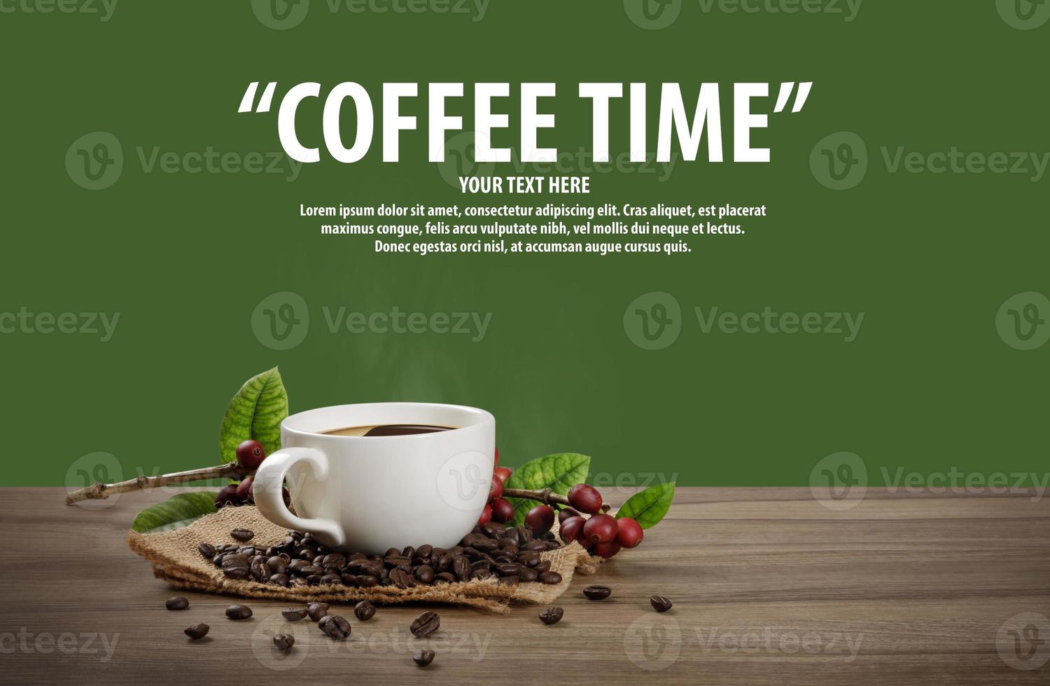 Hot coffee cup with fresh organic red coffee beans and coffee roasts on the wooden table and the black background with copyspace for your text. photo