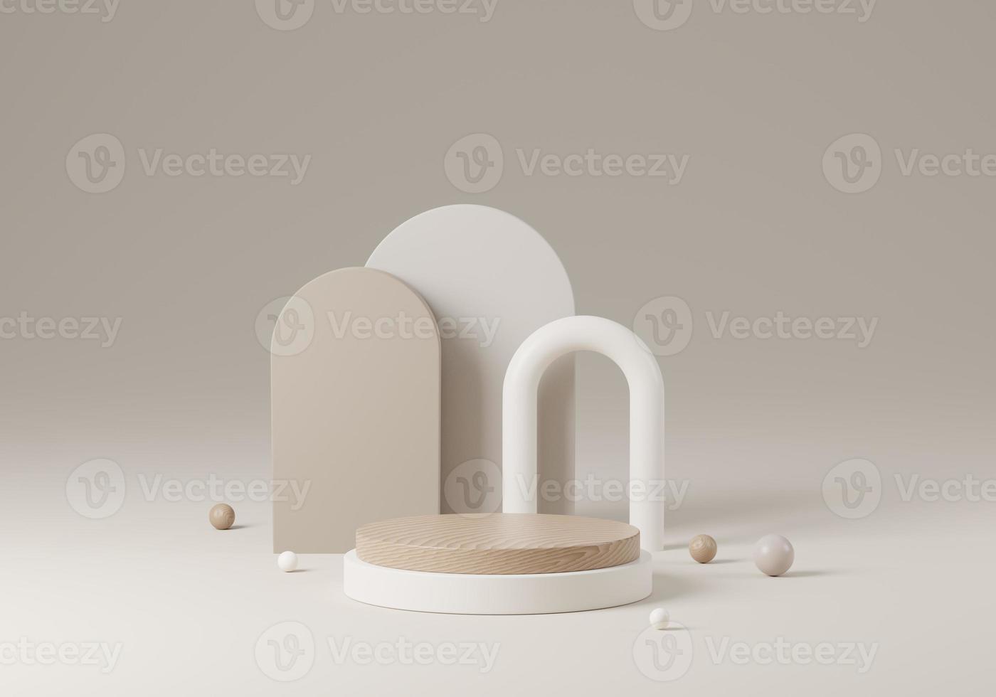 Wooden round corner pedestal podium, Product display podium in room, 3d rendering studio with geometric shapes, Cosmetic product minimal scene with platform, Stand to show products background photo